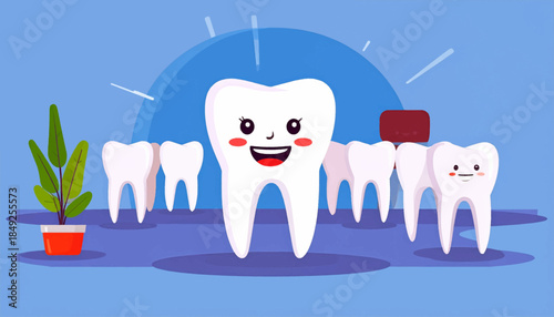 Cartoon teeth with faces, a toothbrush, and a potted plant, set against a blue backdrop