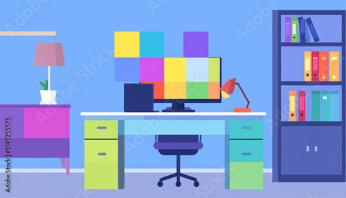 Colorful workspace. Flat illustration of a desk, computer with color squares, bookshelf, lamp, and chair