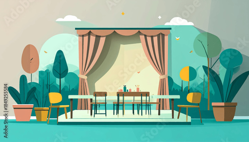 Flat illustration of an indoor dining space, bathed in soft lighting with surrounding plants and outdoor scenery