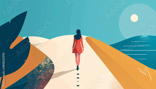 Figure in red dress walks forward on path with plants, sand, water, and sky in the background