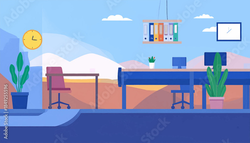 Colorful workspace illustration with plants, clocks, desks, shelves, and a mountain view, depicted in a stylized, modern style
