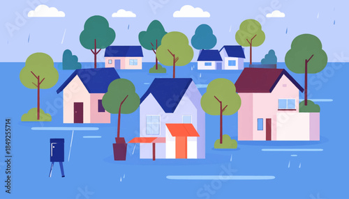 Cartoon view of a flooded neighborhood during a heavy rain, with houses, trees and a blue figure standing