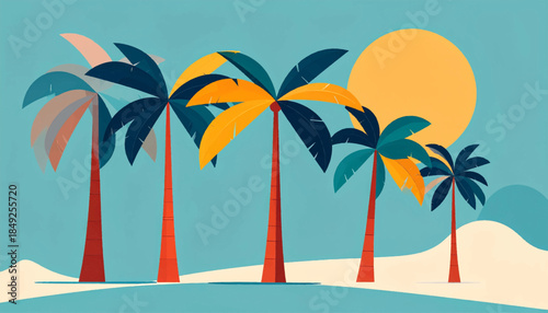 Flat illustration of palm trees against a teal sky and sun on a sandy beach, colorful summer vacation scene