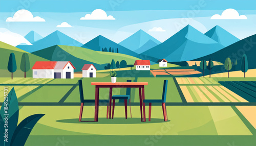 Flat design illustration featuring table/chairs with countryside backdrop