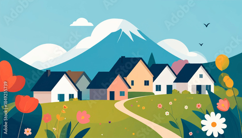 Cartoon village scene with mountain backdrop, flowers, and a winding path on green grass under a blue sky