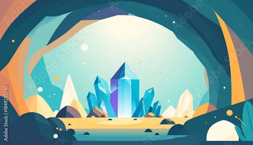 Flat design illustration with bright crystals in a cave opening to a sandy beach under a blue sky