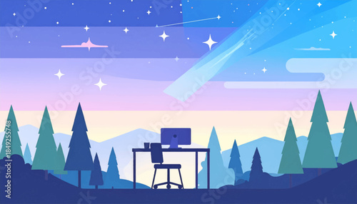 Desktop setup in a pine forest with a meteor shower overhead, soft blue gradient sky and mountain silhouettes