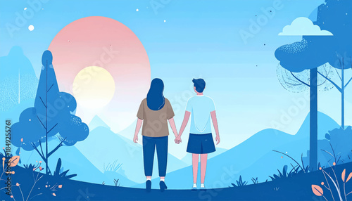 Couple holding hands, overlooking blue mountains with trees, plants, and a rising sun in background