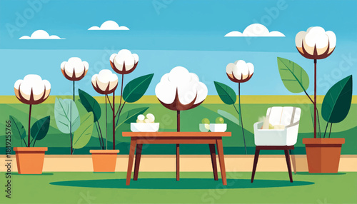 Cotton plants in pots, a table with bowls, and chair under a blue sky with clouds create a calming scene