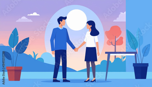Couple holds hands. Gentle hills, sunset sky, potted plants. Modern geometric illustration, stylized