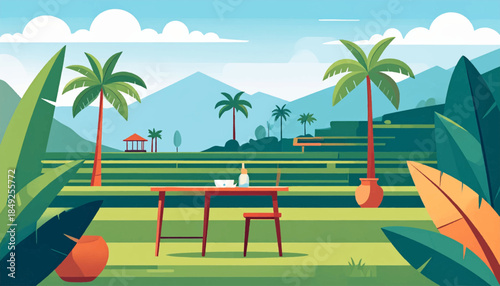 Flat design landscape featuring rice terraces, palm trees, table, chair, mountains, and cloudy sky