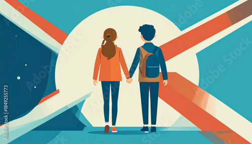 Couple holding hands walking against an abstract backdrop