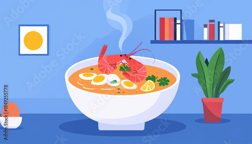 Flat illustration of ramen bowl with shrimp, egg, lemon, parsley, in a blue room with plant and books