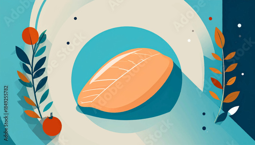 Flat design of fish fillet, abstract floral elements, & graphic background