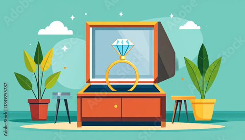 Diamond ring in a box amidst houseplants, in a stylized illustrative scene with soft blues and orange accents