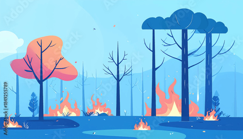 Cartoon wildfire in a forest, with orange flames against blue hues