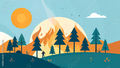 Flat design scene shows person, trees, and a distant fire with smoke against a blue sky with a sun