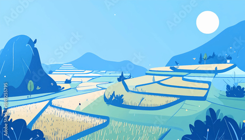 Flat illustration of rice terraces under a bright sun, with person strolling through the fields