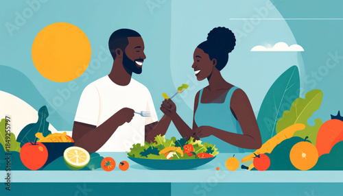 Couple sharing a healthy meal with stylized fruit, vegetables, and sunny backdrop