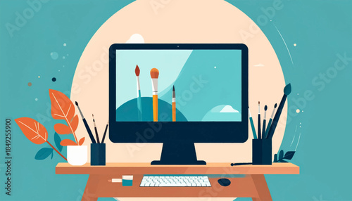 Digital art setup showing monitor, keyboard, brushes, plant on a desk in front of light blue backdrop
