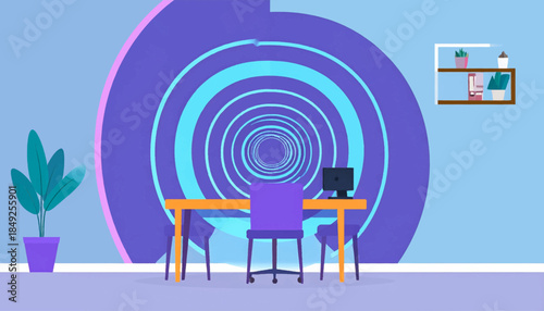 Cartoon work space with desk, computer, shelf, plant and a spiraling wall design in blue and purple hues