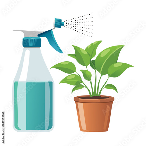 Spray bottle watering green potted house plants for hydration and indoor care