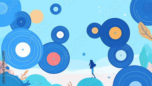 Digital art shows a figure amidst floating discs in a stylized, pastel-toned landscape under a light blue sky