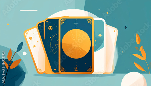 Flat illustration of tarot cards fanned out, displaying celestial motifs, set against a teal backdrop