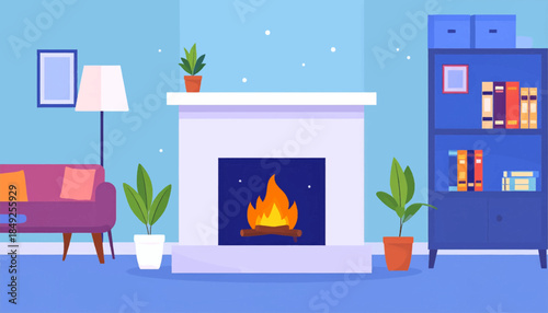 Cozy cartoon living room with fireplace, sofa, bookcase, & potted plants, against a blue wall background with white dots