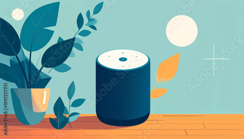 Digital device is next to leaves and in a room with orange flooring and a pale blue wall