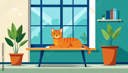 Cozy cartoon scene of an orange cat resting on a table with potted plants and a shelf in a light-filled room