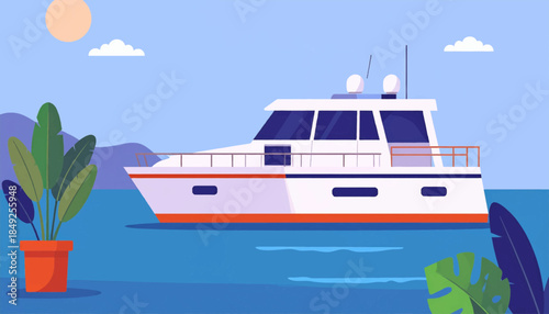 Cartoon yacht floating on blue water with a plant pot to the side in a flat style, with sun and clouds