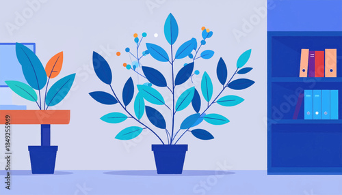 Flat illustration indoor plants in pots, shelf with books. Light blue and orange in minimalist design