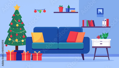 Cozy, festive living room scene with decorated tree, gifts, sofa, shelves, books, and side table in cartoon style