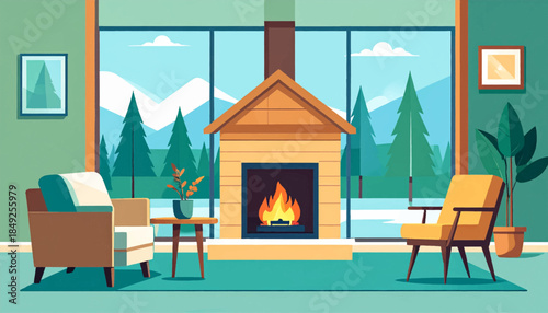 Cozy indoor scene with a fireplace, chairs, and a scenic winter view through a large window, featuring minimalist art