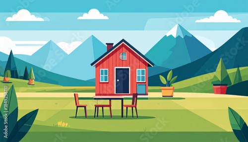 Flat illustration of a house with mountains, trees, and patio set on a grassy lawn beneath a bright sky