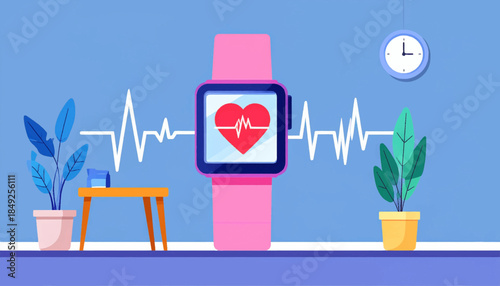 Digital smartwatch showing heart rate amid plants, clock, & a table, against a light blue backdrop