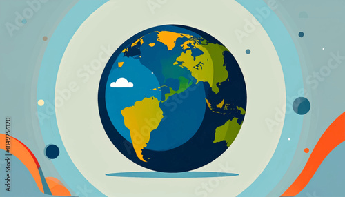 Cartoonish globe illustration within concentric circles of pastel blues, creams, and orange hues with polka dots