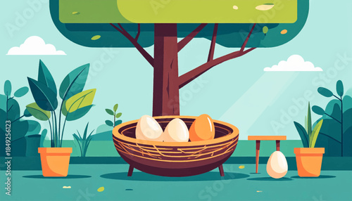 Cartoonish idyllic scene with eggs in a nest, tree, plants, and soft blue backdrop in simplified illustrative style