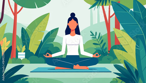 Flat illustration Woman meditating in lotus pose against lush green foliage and red trees