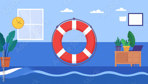 Flat, indoor stylized illustration of a lifesaver in water, with decor and furniture in the background