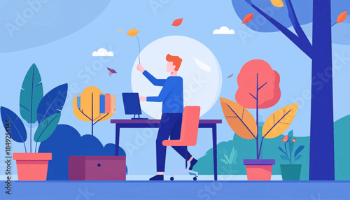 Flat illustration of a person at a desk working on a computer with nature visible through a large window