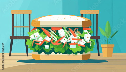 Flat illustration of a salad in a dish, sitting on a wooden floor in a room with two chairs and a potted plant