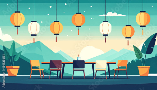 Dining table with chairs is set against a mountain backdrop, lit by hanging lanterns, in a stylized illustration