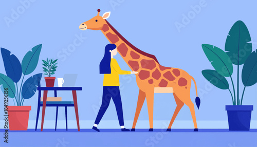 Flat illustration of a person petting a giraffe in an indoor setting with plants and a laptop on a table