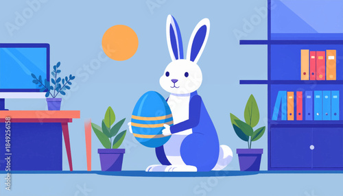Flat illustration of a rabbit holding a striped Easter egg in an office setting, against a light blue background