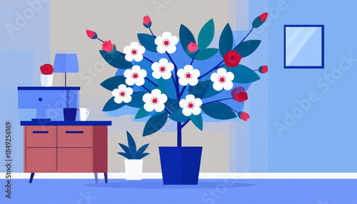 Flat illustration of a room interior featuring plants, furniture, and muted blue and red hues