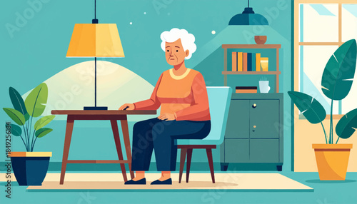 Cartoonish illustration of an older woman sitting in a room with plants and a table