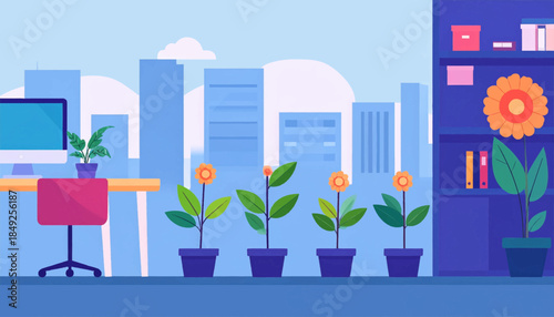 Flat office scene, plant-filled. A desk, chair, bookshelf, and city skyline. Calming office aesthetic in blues and greens