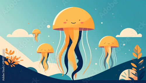 Cartoonish illustration of jellyfish floating in water with simplified landscape elements, in a flat design style